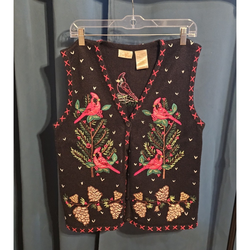 Bobbie Brooks Winter Cardinal Sequined Embroidered Red Black  Sweater Vest